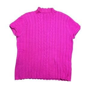 Vintage Hot Pink Casual Corners Mock Neck Cable Knit Sweater Top Women XL Cotton